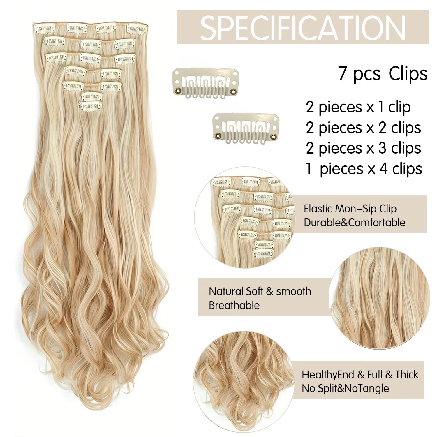 Extensions capillaires synthétiques à clips, 7 pièces, tête complète de 22 pouces, longues, bouclées
