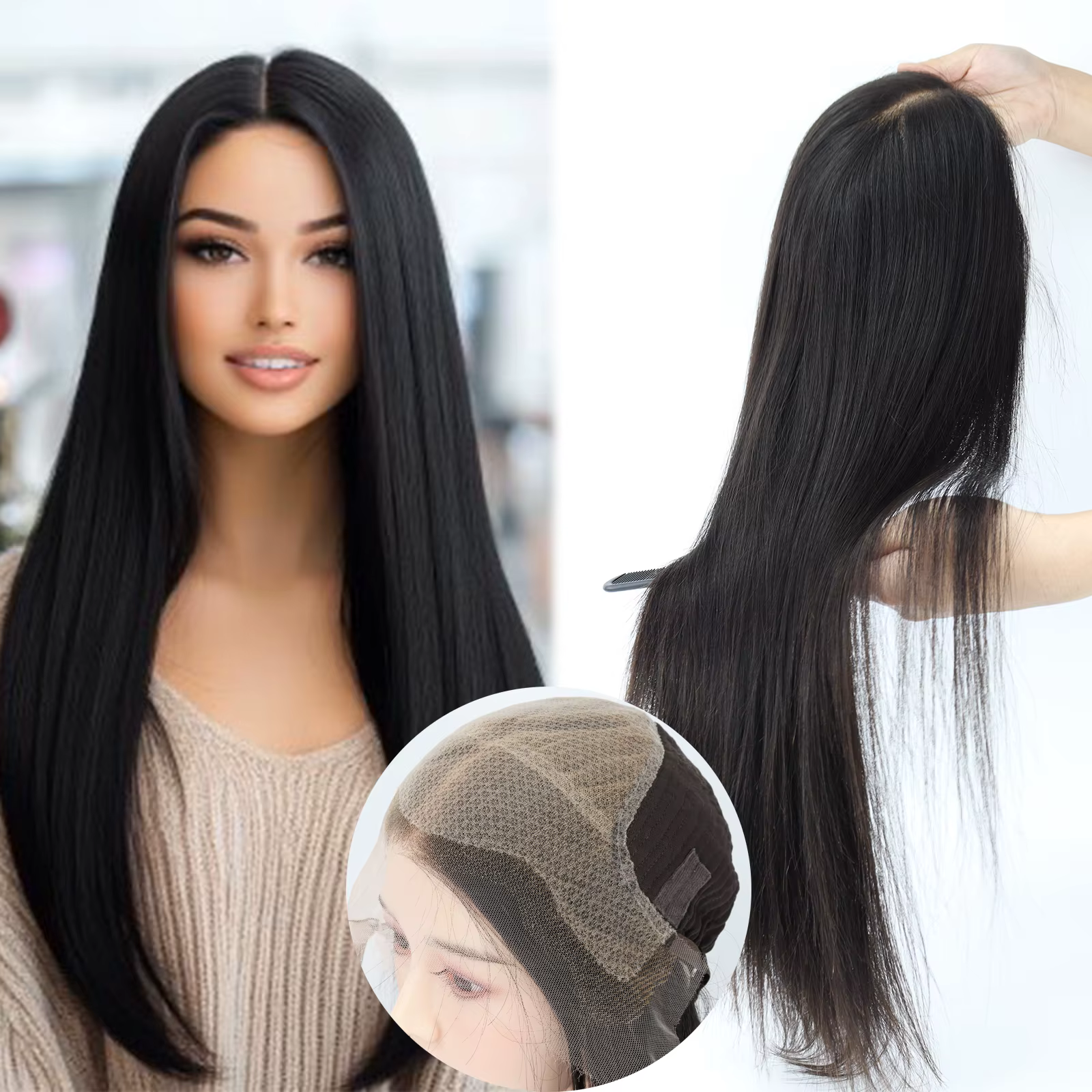 Perruque à nœuds invisibles pour femmes, 22 pouces, vrais cheveux humains vierges européens, dentell