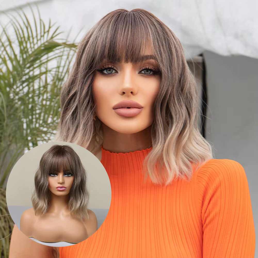 Perruques Bob ondulées grises avec frange pour femmes, perruque synthétique courte blonde ombrée ave
