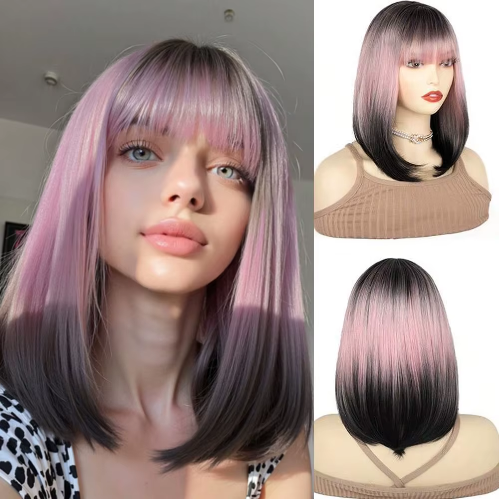 Perruques synthétiques noires ombrées avec frange pour femmes, perruques colorées de Cosplay, perruq