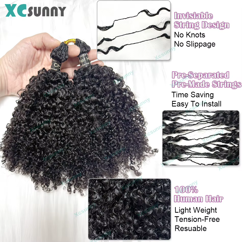 Crochet cheveux humains crépus bouclés pré-séparés plume Crochet Extensions de cheveux humains sans 