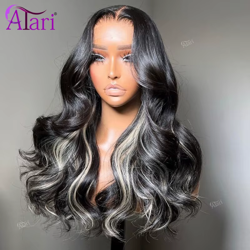Perruque Lace Frontal Wig Body Wave brésilienne naturelle, cheveux humains, à reflets bruns et blond