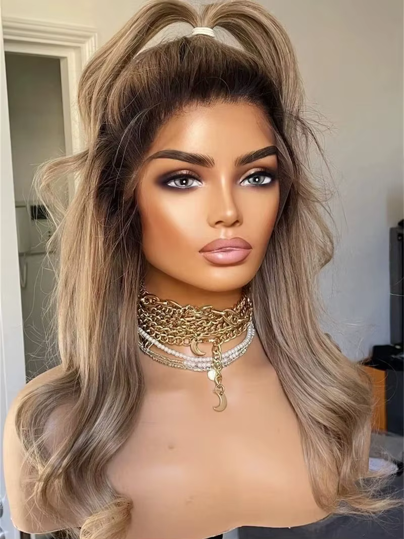 Perruque Lace Front Wig synthétique de haute qualité, perruque ombrée marron chaud blond pour femmes
