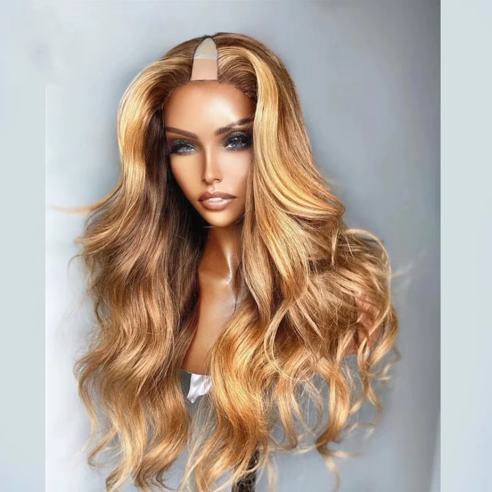 Perruque V-Part 1x4 Lisse Ondulée avec Mèches Blond Miel, Cheveux Humains 100% Non Traités, Sans Col