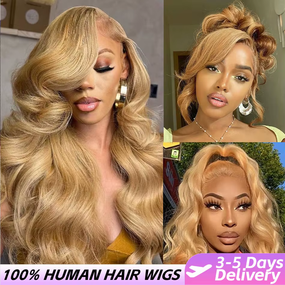 Perruque de cheveux humains avant de dentelle blond miel 13x6 HD 210% densité vague de corps perruqu