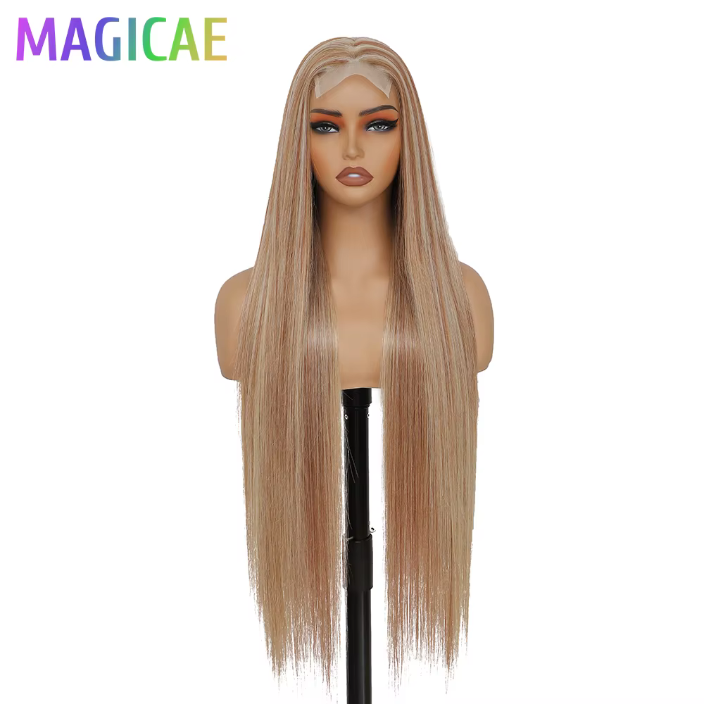 Perruque synthétique Magicae 36 pouces, lisse, avec dentelle frontale 4x4, mèches P27/613, ombré bla