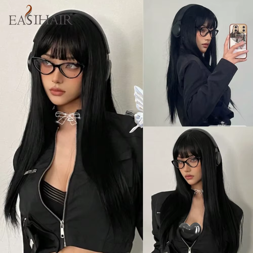 EASIHAIR – perruques synthétiques longues et lisses avec frange, perruques noires de fête Cosplay Lo