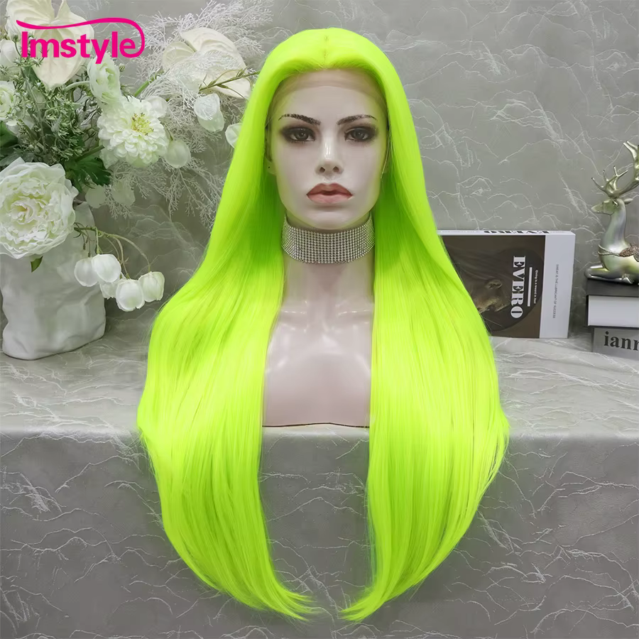 Imstyle – perruque longue verte fluorescente, perruque synthétique à dentelle frontale en T, cheveux