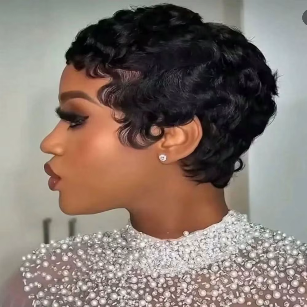 Perruques courtes coupe lutin cheveux humains pour femmes-6 pouces perruques courtes ondulées bouclé