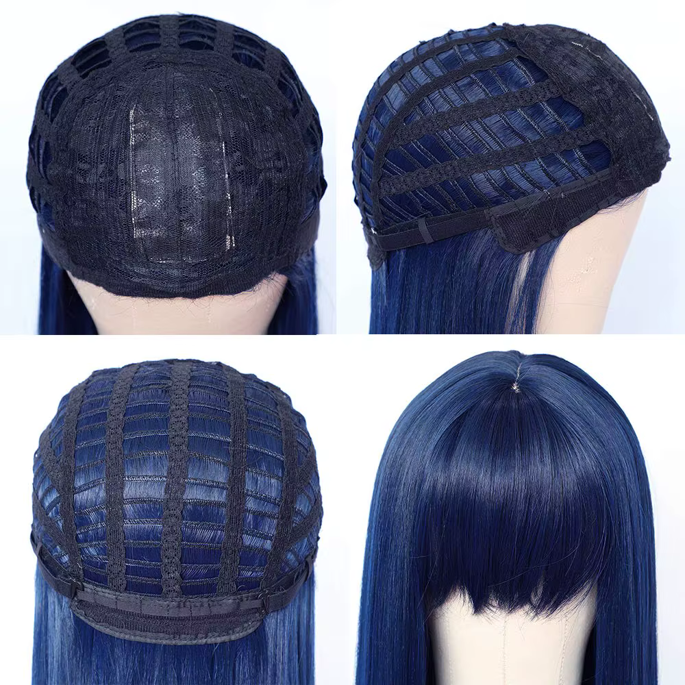 Perruque de cheveux synthétiques de remplacement avec frange, couleur bleue, résistante à la chaleur