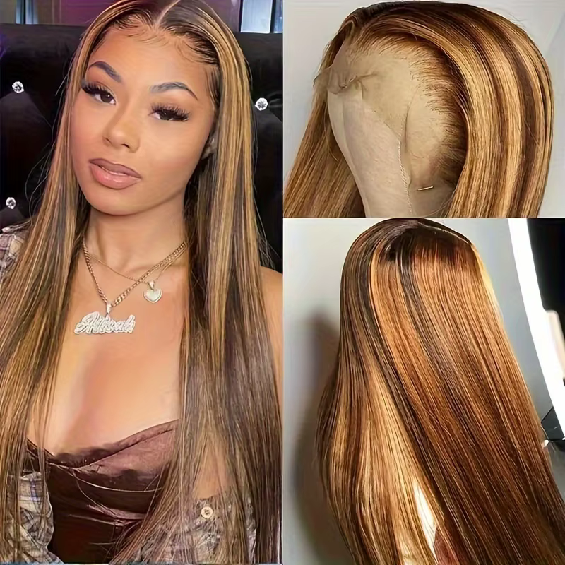 Perruque frontale Dialola P4/27 Highlight Honey Blonde, pré-épilée, colorée, lisse, avec dentelle HD