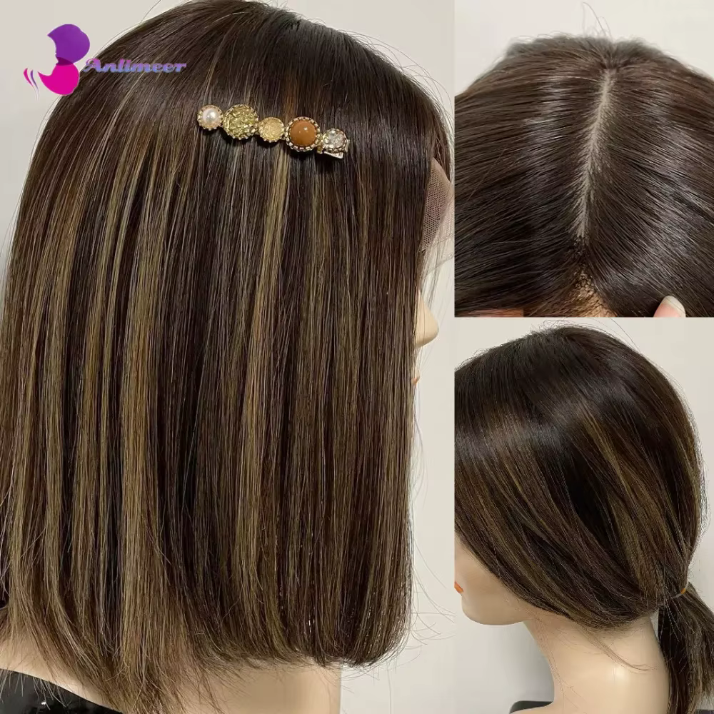 Perruque en cheveux naturels avec base en soie et dentelle frontale, mèches marron cendré clair, mod