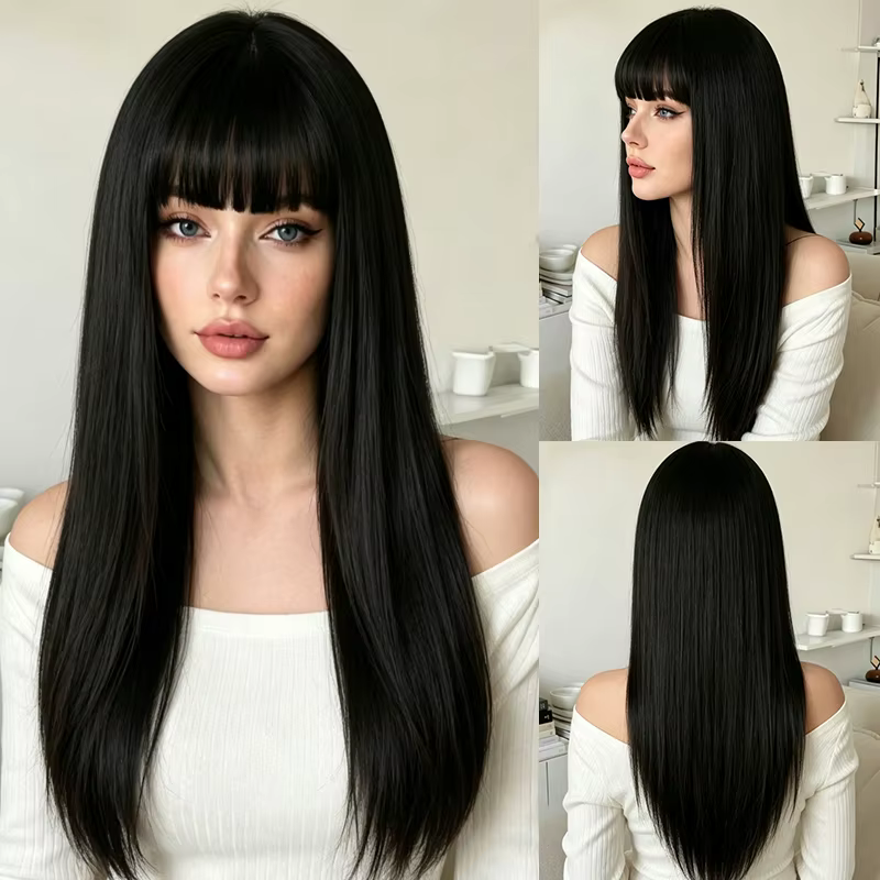 Perruque noire droite de 28 pouces de long avec frange épaisse et droite et cheveux synthétiques soy