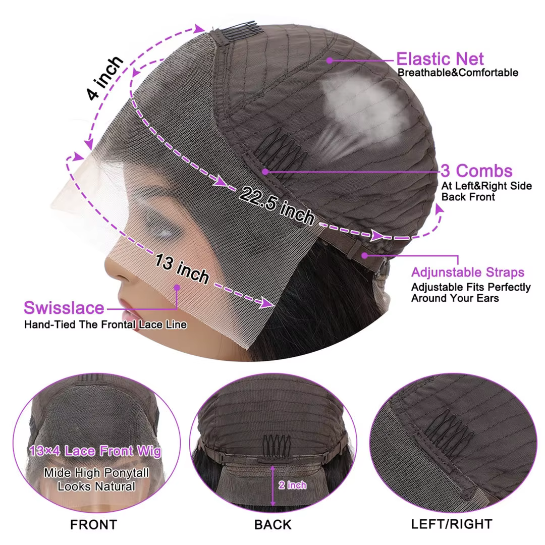 Perruque Lace Frontal Wig naturelle brésilienne, cheveux humains, Body Wave, noir naturel, 13x4 HD,