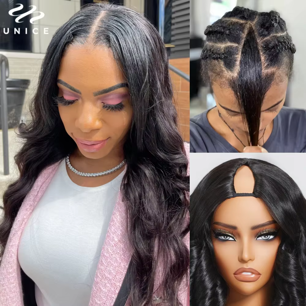 UNice cheveux 180% densité vague de corps V partie perruque avec cordon 100% cheveux humains véritab