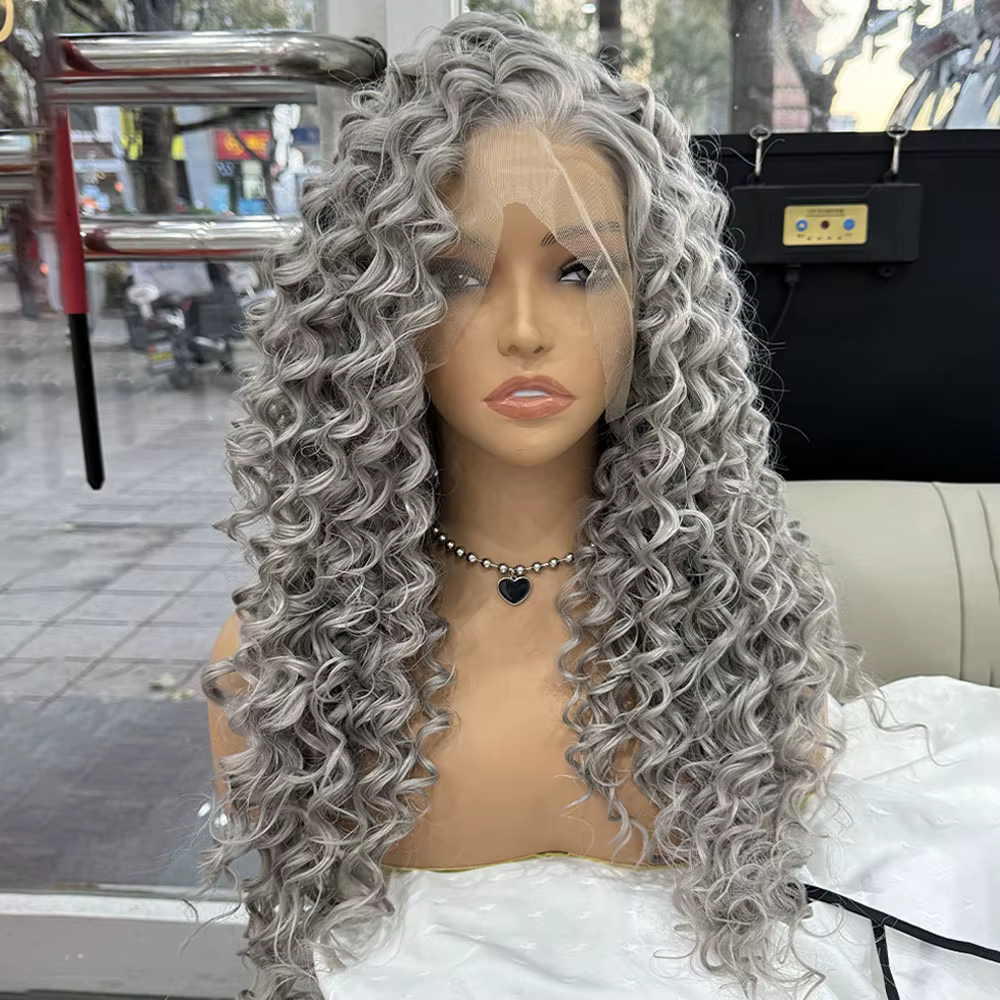 Perruque Lace Front Wig synthétique bouclée crépue grise, perruque longue et bouclée profonde pour f