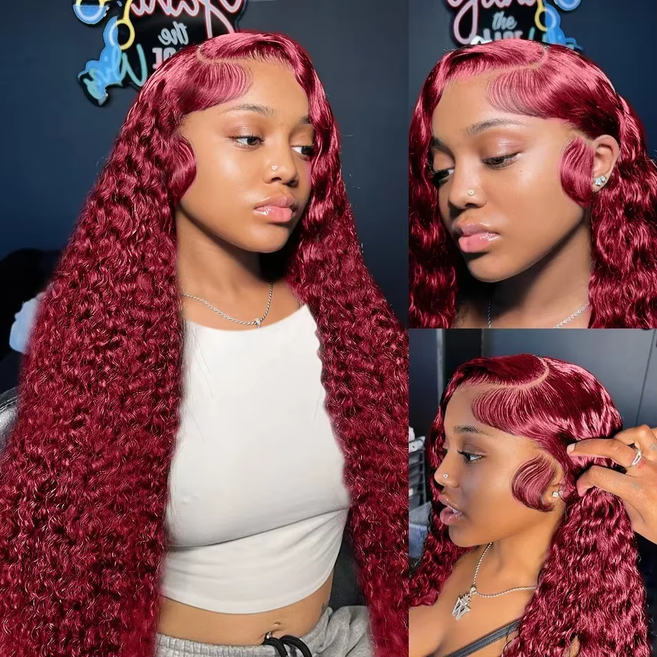 Perruque Lace Wig Naturelle Ondulée, Cheveux Humains, Couleur Bordeaux 99J, 13x4, 13x6, Pre-Plucked,