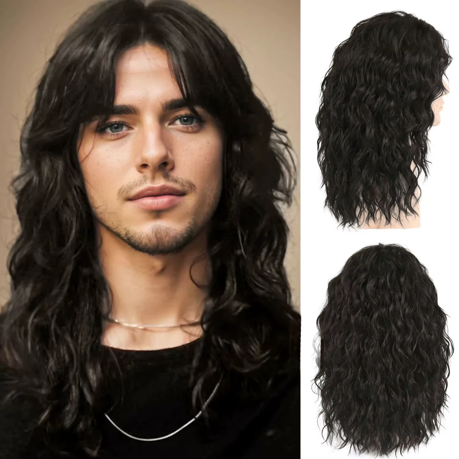 Perruque synthétique marron foncé pour hommes, coiffure naturelle, cheveux longs bouclés, usage quot