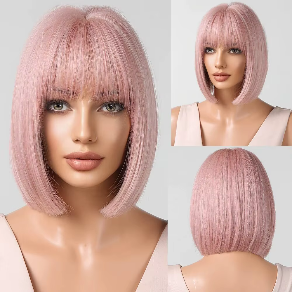 Perruques Bob Synthétiques Courtes Droites avec Frange pour Femme, Cheveux Naturels Roses, Cosplay M