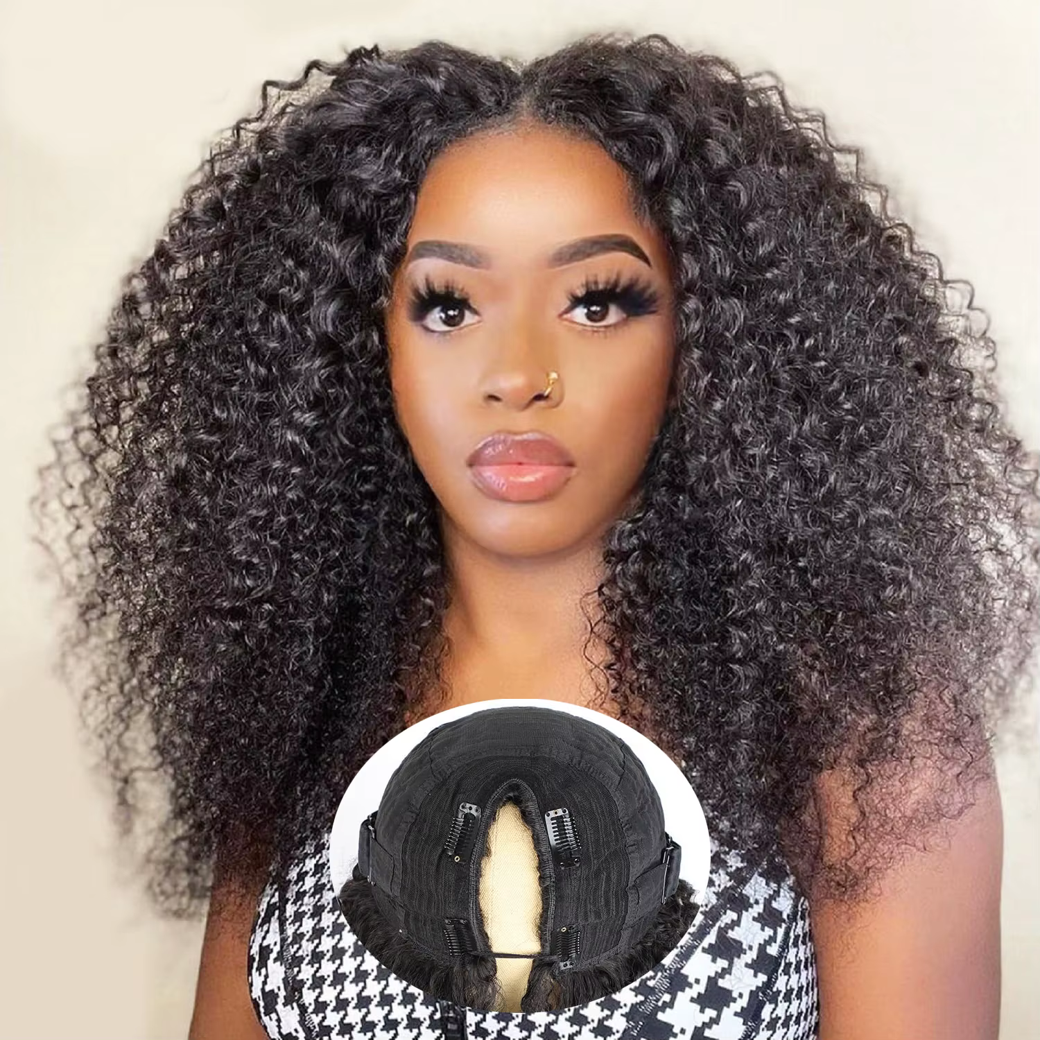Perruque V-Part Deep Wave 40 pouces en cheveux humains, sans colle, densité 200, bouclée crépue, san