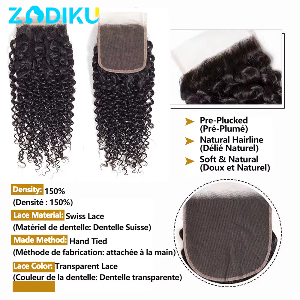 Paquets de cheveux bouclés crépus 100% paquets de cheveux humains crus avec fermeture 4X4 paquets de