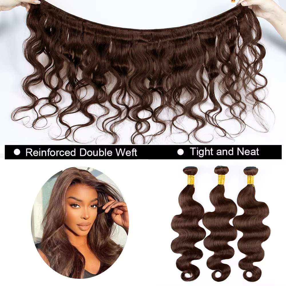 # 4 Bundles de Cheveux Humains Ondulés Brun Foncé 1/3 Pièces, Extensions de Cheveux Remy Brésiliens