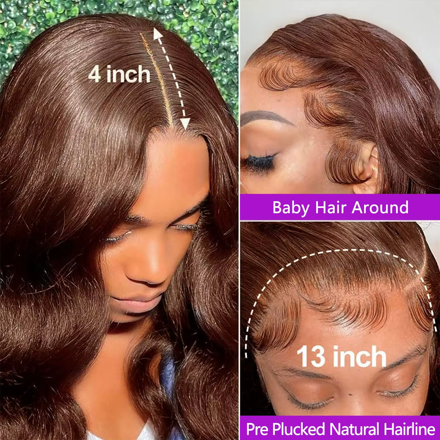 Perruque Lace Front Wig Body Wave brésilienne naturelle, cheveux vierges brun chocolat, pre-plucked,