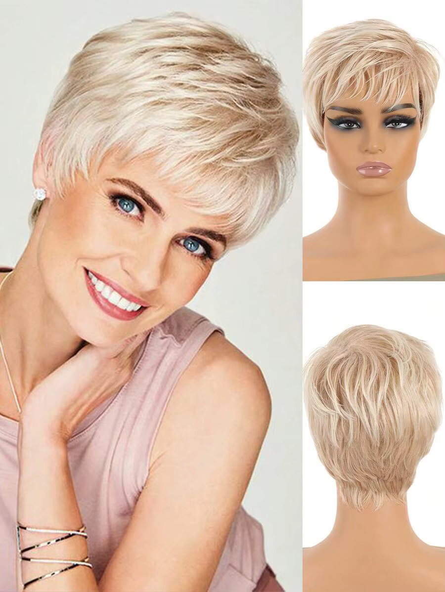 Perruque synthétique courte pour femme, blond platine, coupe ombrée et volumineuse, couleur naturell