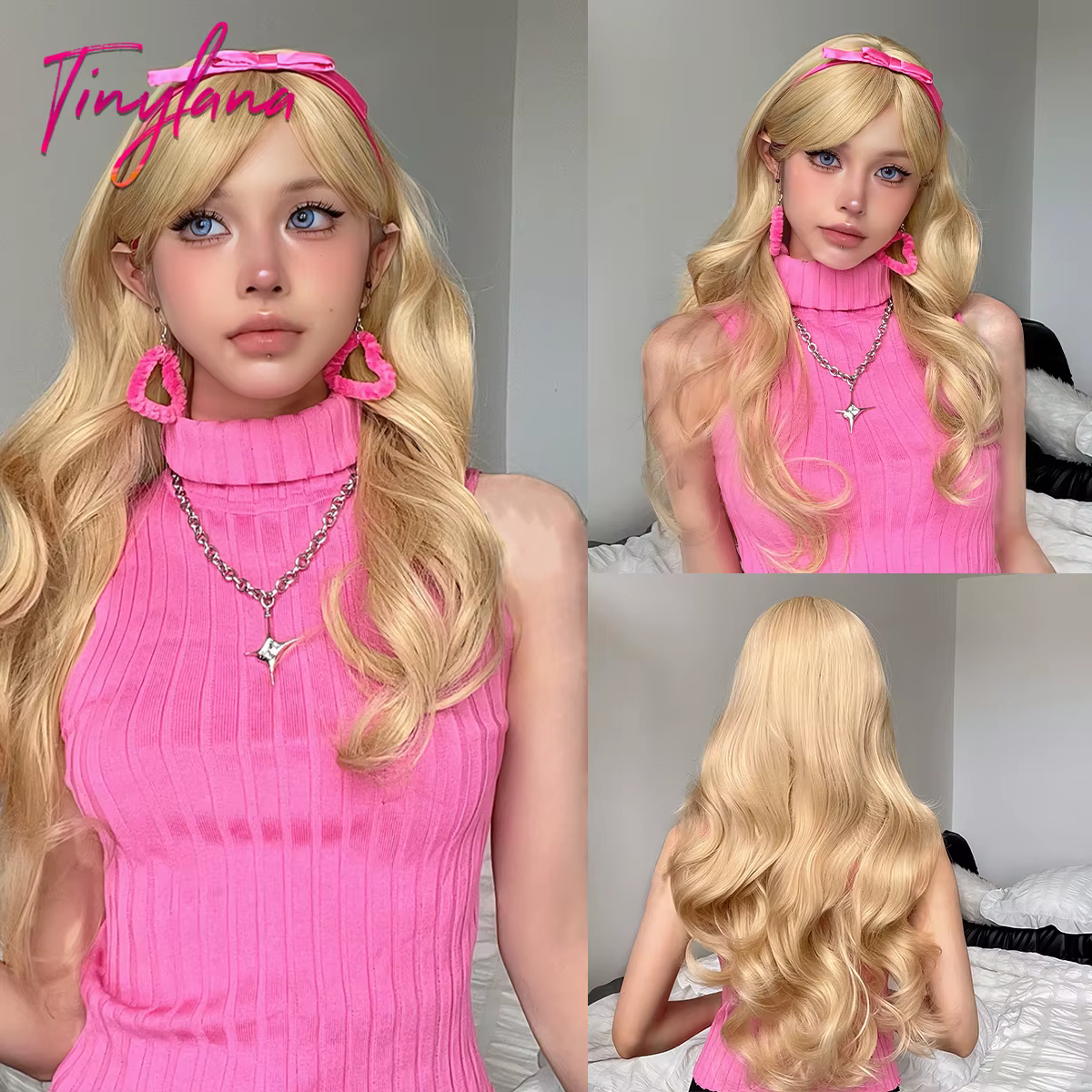 Perruques synthétiques ondulées blondes longues avec frange, perruques de Cosplay Lolita blondes Hal