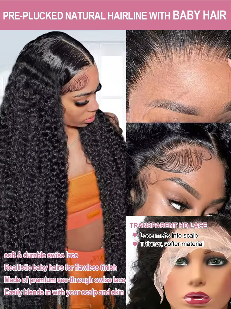 Perruque en dentelle frontale à ondulation profonde transparente HD 13x6, densité 220, cheveux humai