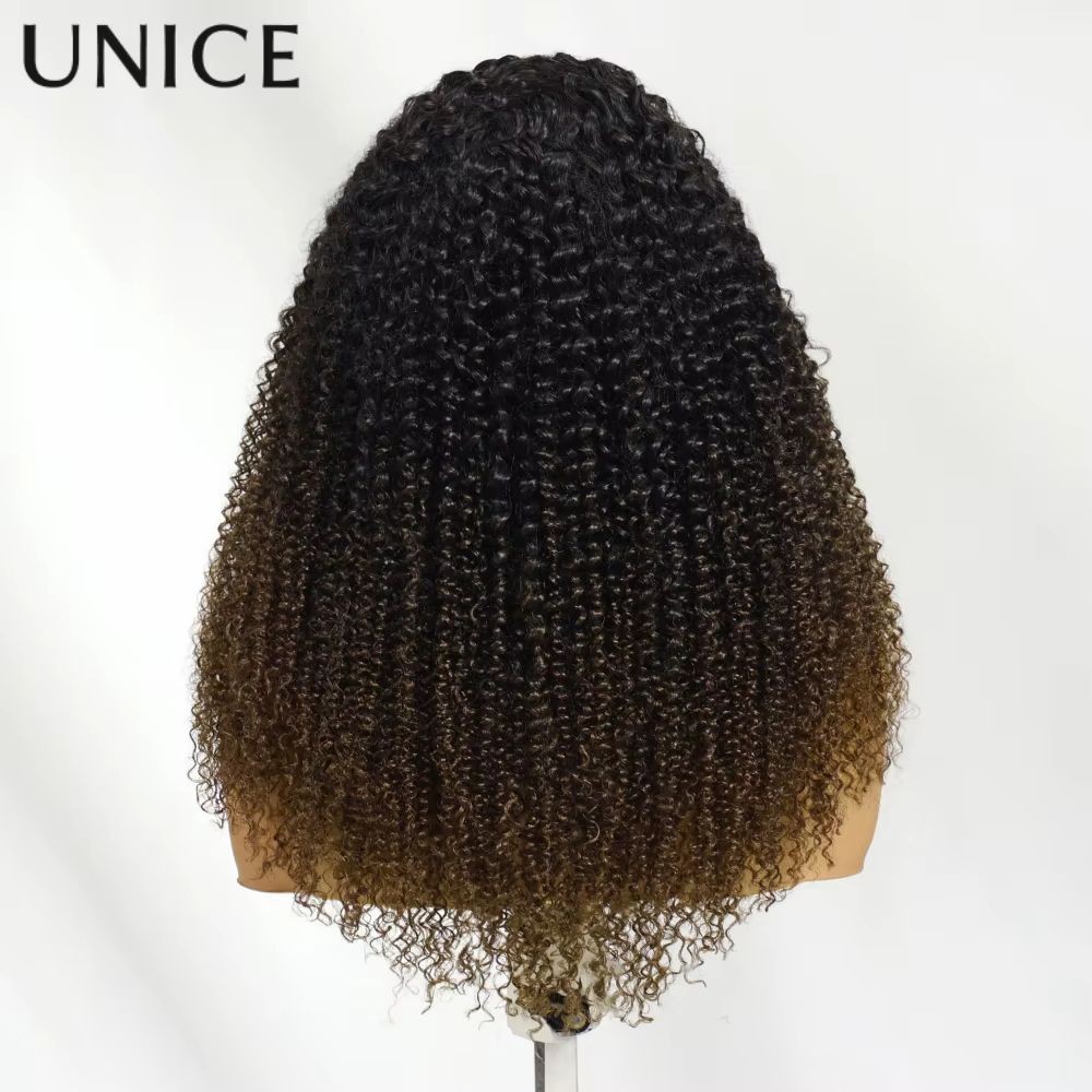 UNice cheveux châtain brun ombré crépus bouclés demi perruques avec bords 4C et cordon invisible 100