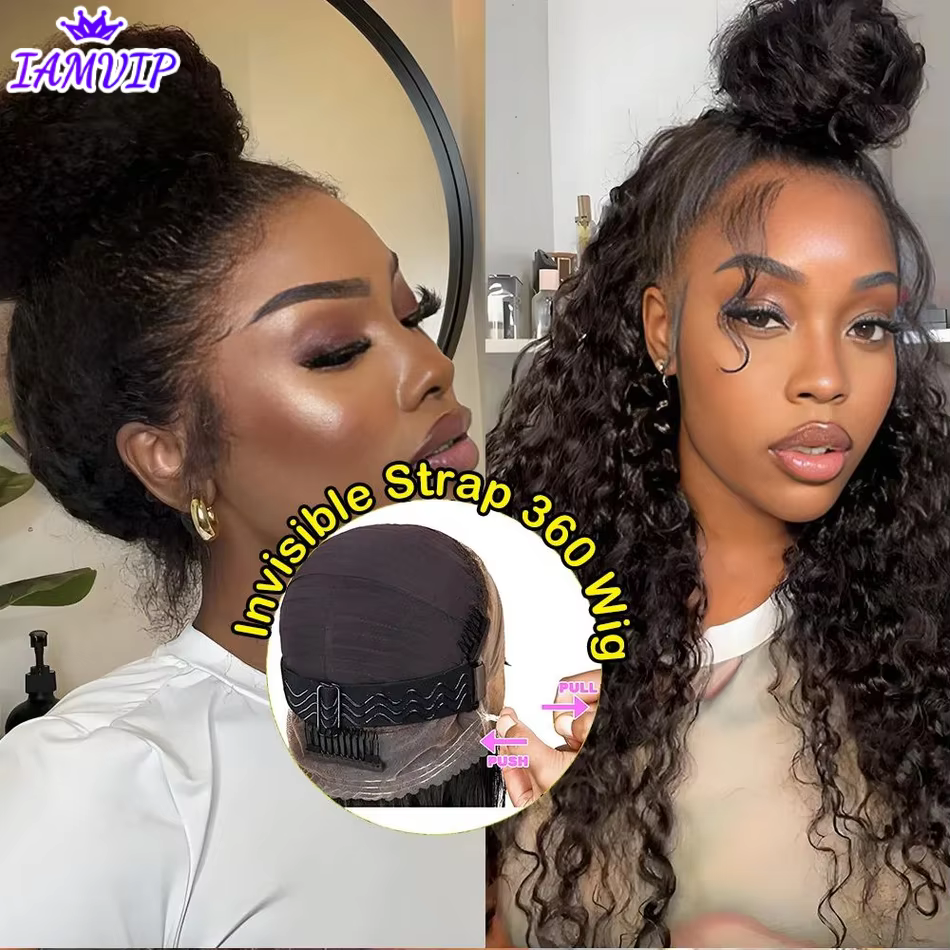 Perruque Lace 360 sans colle, avec cordon de serrage, bouclée crépue, effet Deep Water, 100% cheveux