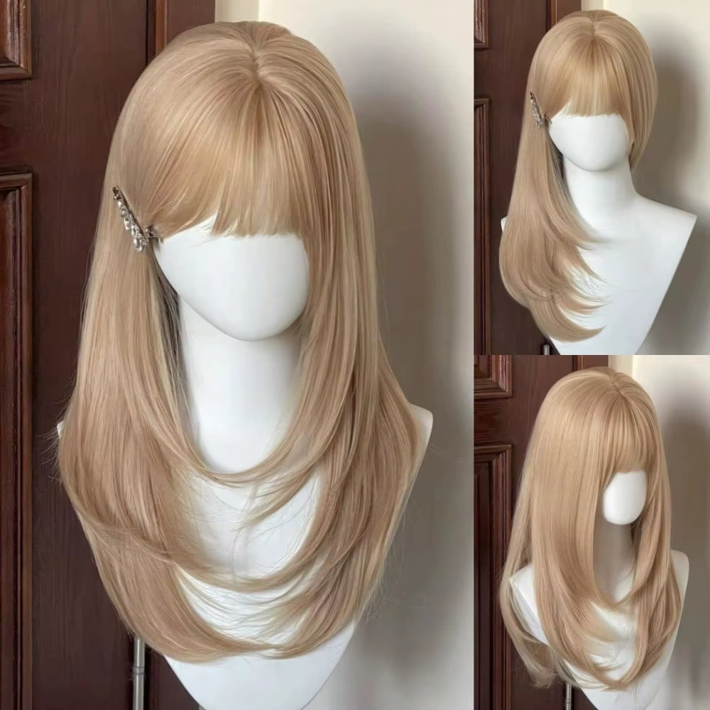 Perruque synthétique blonde droite de 20 pouces avec frange, en fibres résistantes à la chaleur, pou