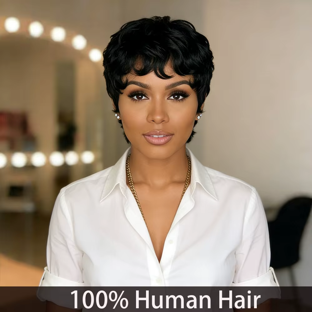 Perruque coupe lutin bouclée pour femmes, cheveux 100% naturels, entièrement fabriqués à la Machine,