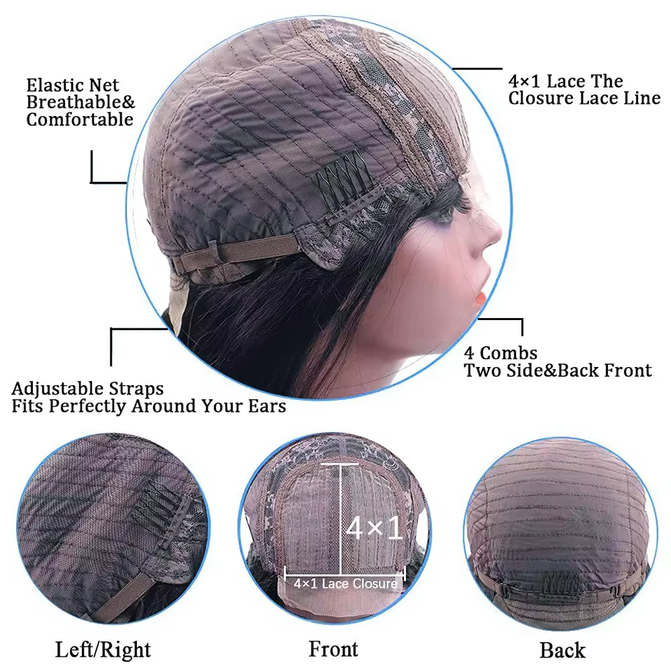 Perruque Bob Lace Wig Remy Brésilienne Naturelle, Cheveux Lisses, Partie T, Sophia, Courte, 4 Pièces
