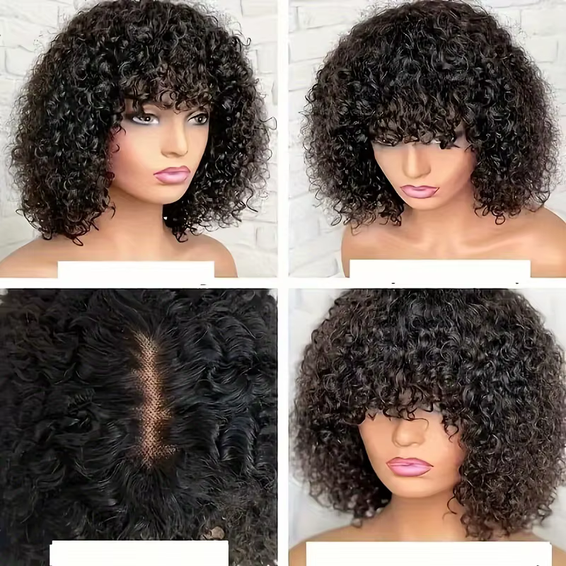 Perruque Bob frisée Heyju 1B en cheveux humains brésiliens, perruque HD Lace avec frange, sans colle