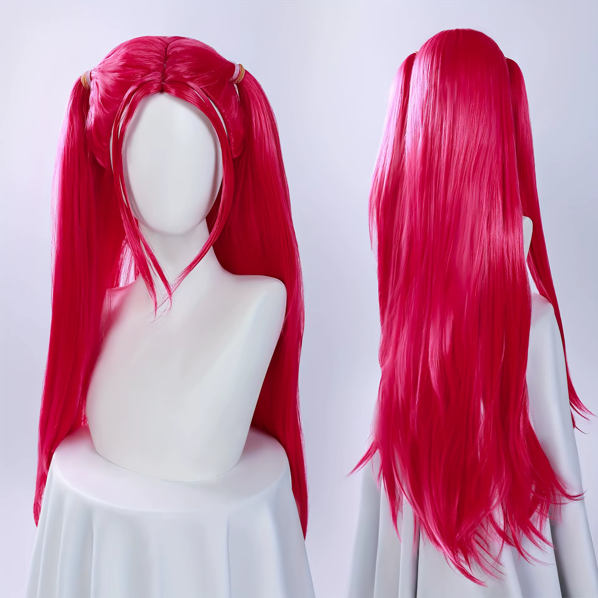 Perruque Anime longue rose avec motif double queue – Fibre synthétique résistante à la chaleur, chev