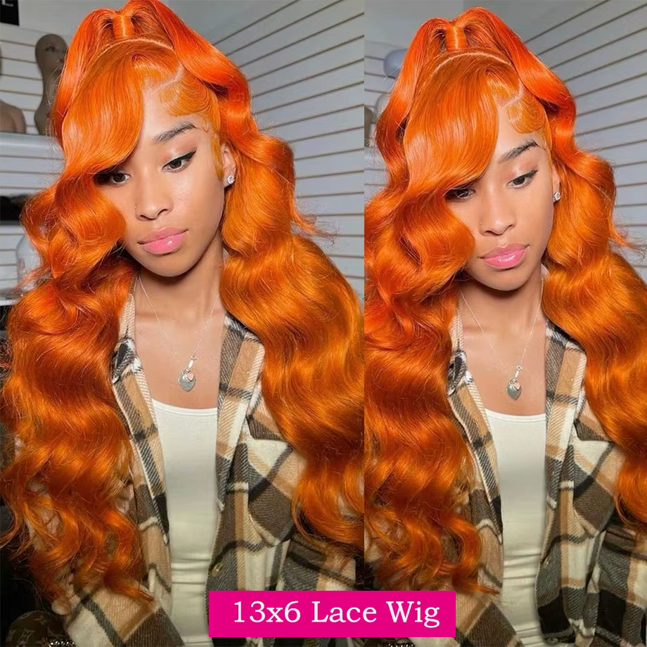 Perruque Lace Frontal Wig Body Wave brésilienne naturelle, cheveux humains, couleur Orange gingembre