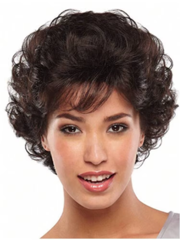 Perruque ondulée courte bouclée marron foncé avec frange de cheveux 100% perruques de cheveux bruns 