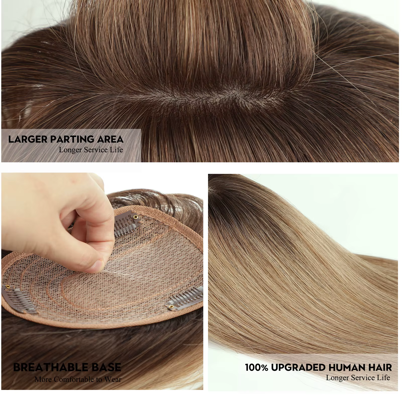 100% Remy cheveux humains Toppers avec frange 14 pouces brun ombré pièces de cheveux humains pour le