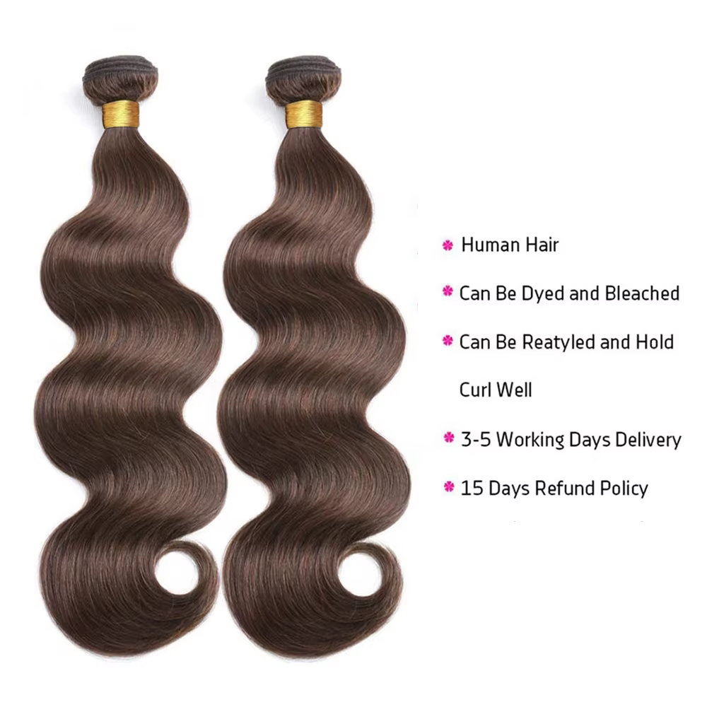 Tissage en Lot Naturel Body Wave Brun Foncé avec Closure, Extensions de Cheveux, 13x4, #4