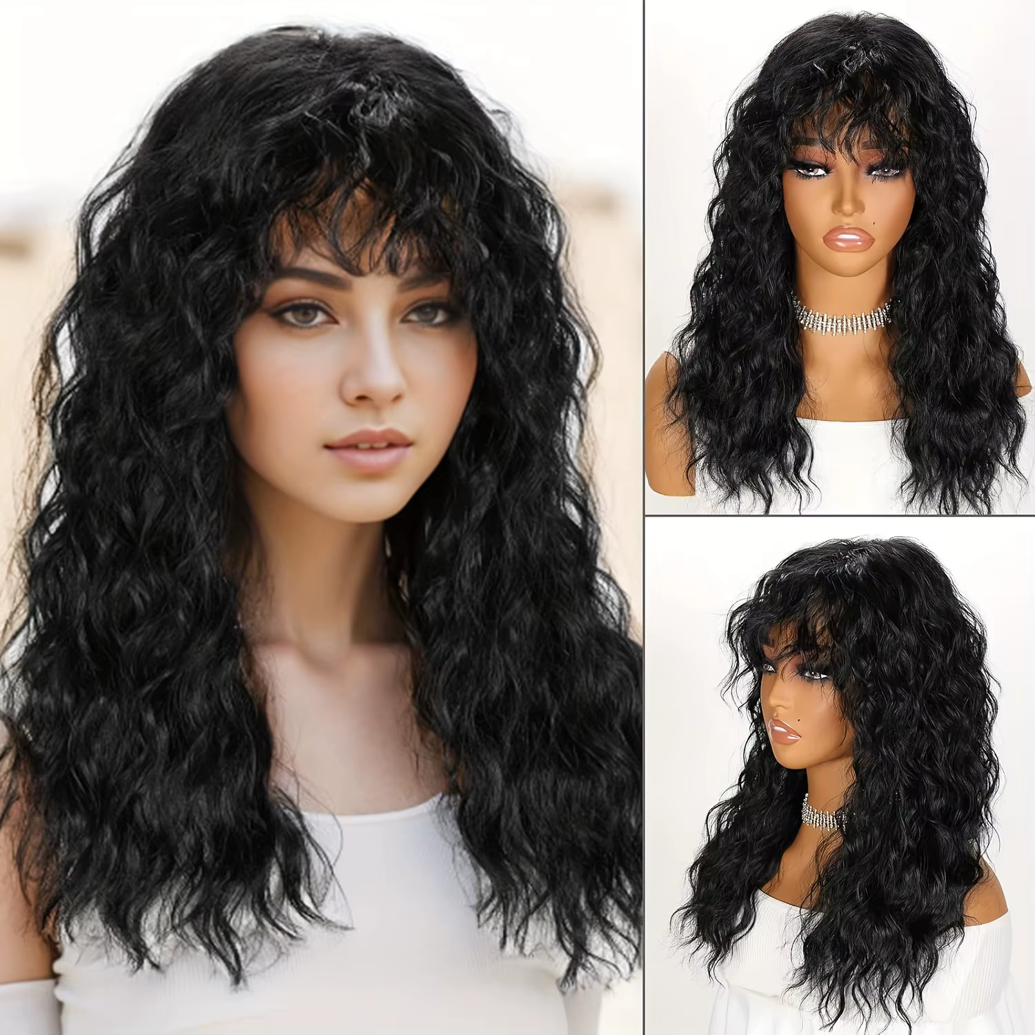 Perruque longue ondulée noire pour femme avec raie au milieu bouclée, perruque en fibre synthétique