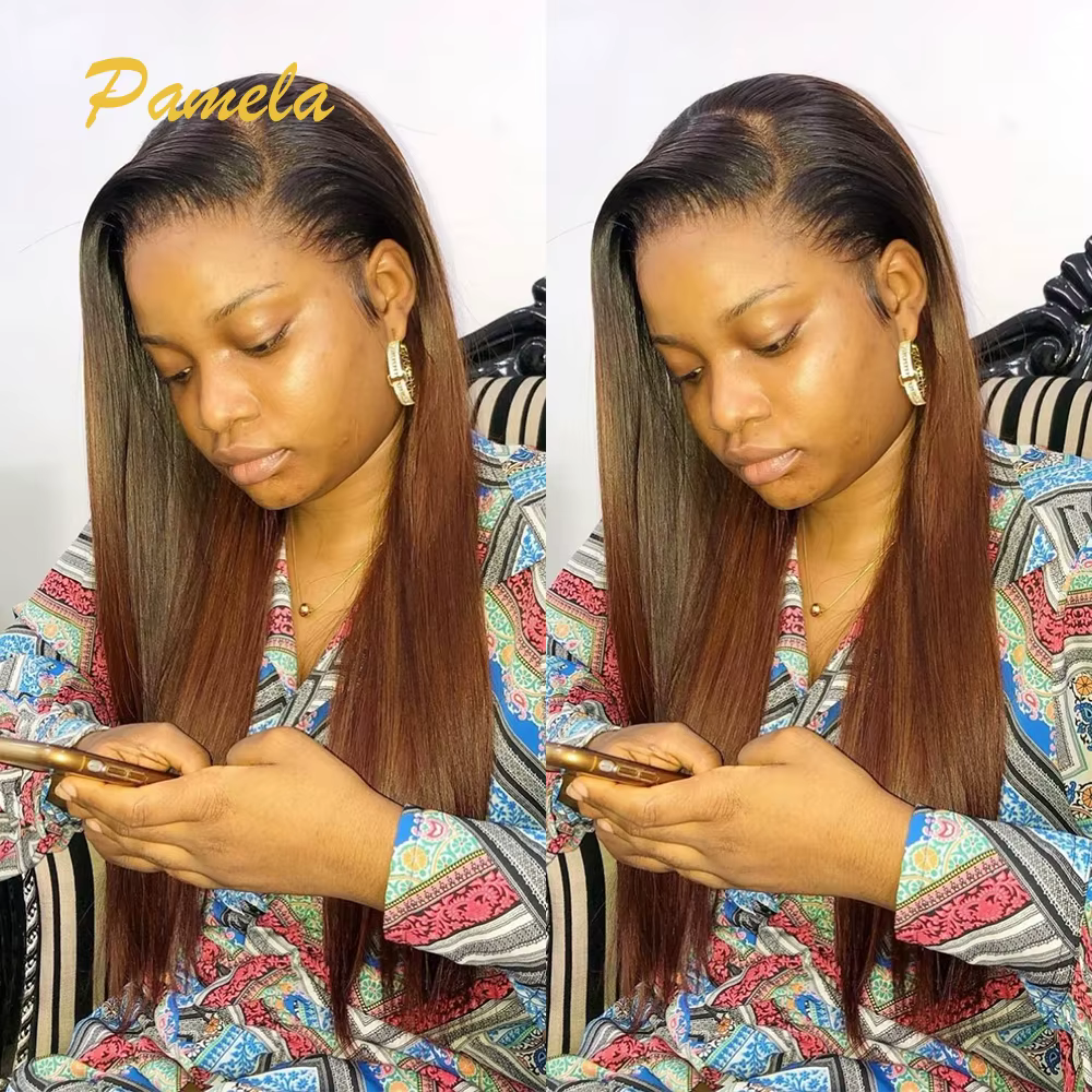 Perruque Lace Frontal Wig naturelle sans colle, cheveux lisses, ombré 1b/4 colorés, prêts à porter,