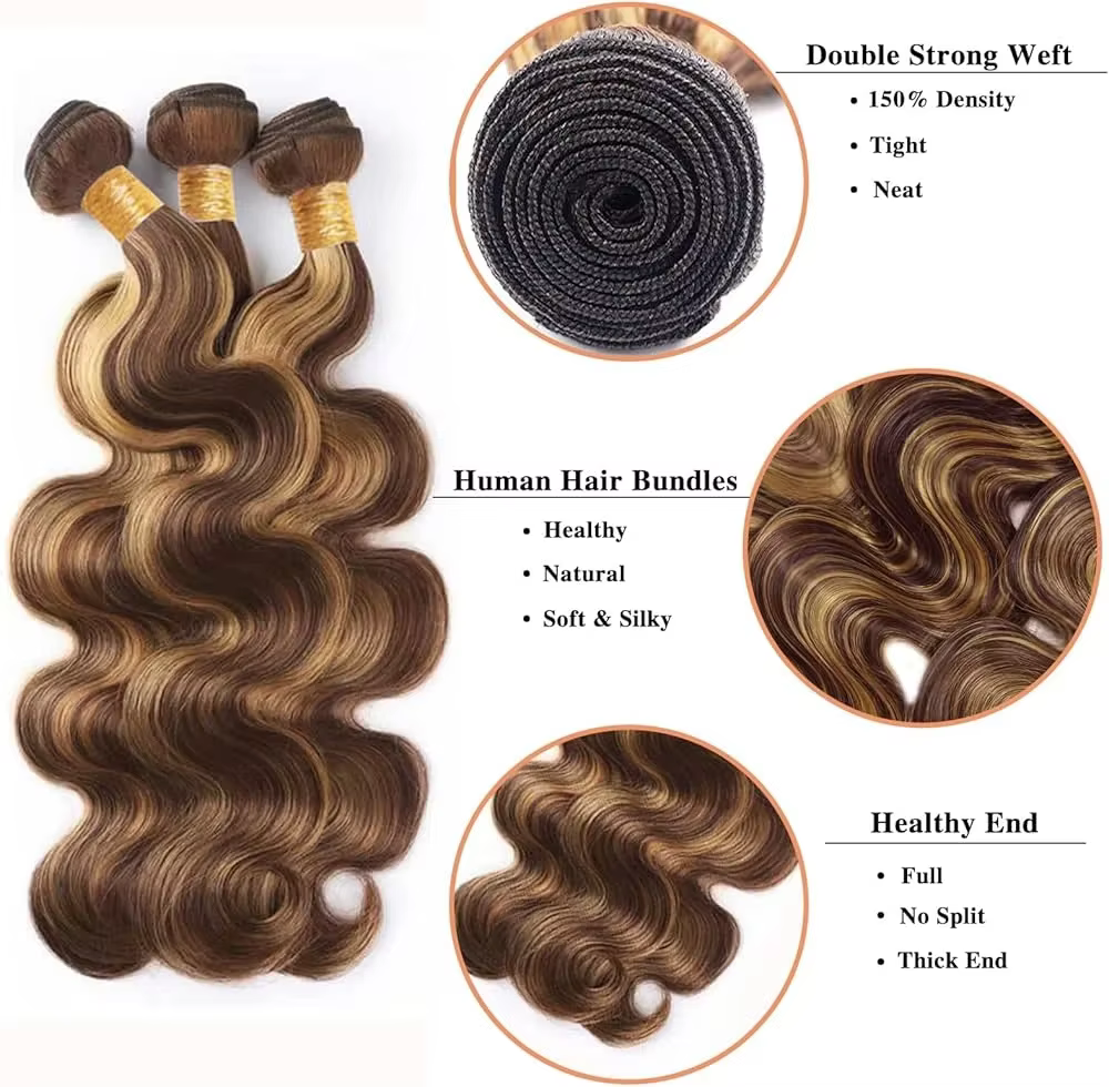 Extensions de Cheveux Humains Naturels Brésiliens Vierges, Ondulés, Ombrés, Couleur Miel Blond P4/27