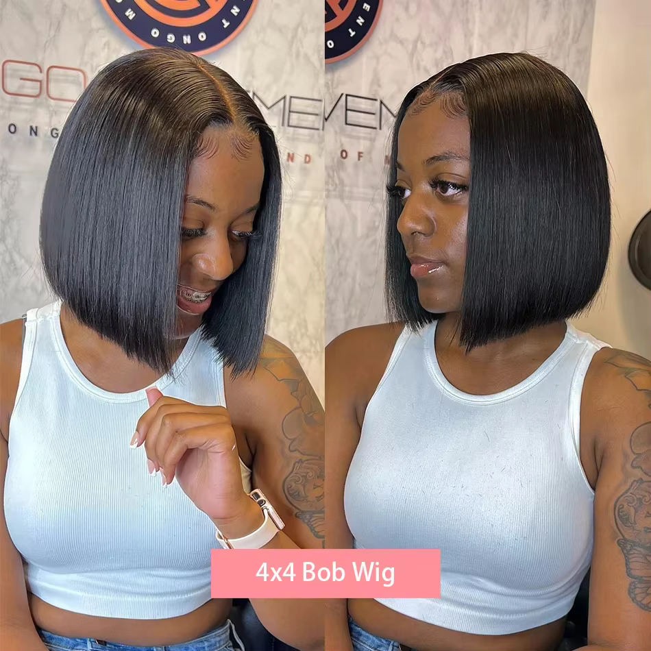 Perruque Bob en cheveux humains, densité 200%, frontale en dentelle HD 13x4, courte et droite, pré-é