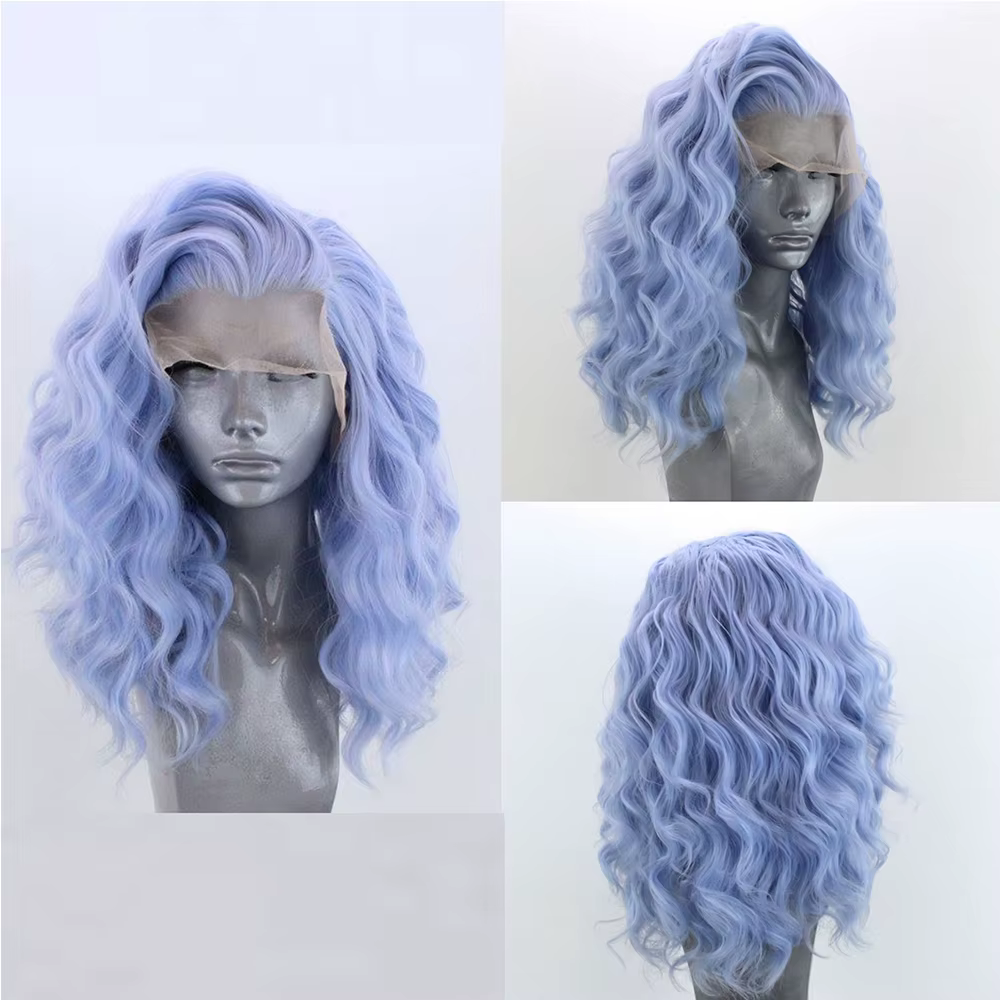 Perruque Bob Lace Front Wig synthétique ondulée bleu clair, perruque Bob courte bouclée ample bleu c