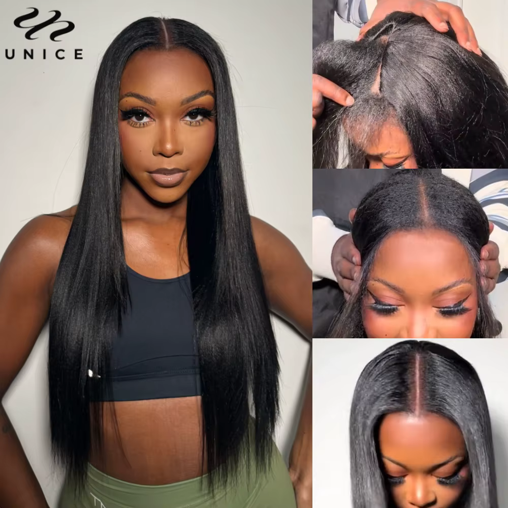 UNice Yaki perruque droite V partie avec cordon 100% cheveux humains perruque en forme de V
