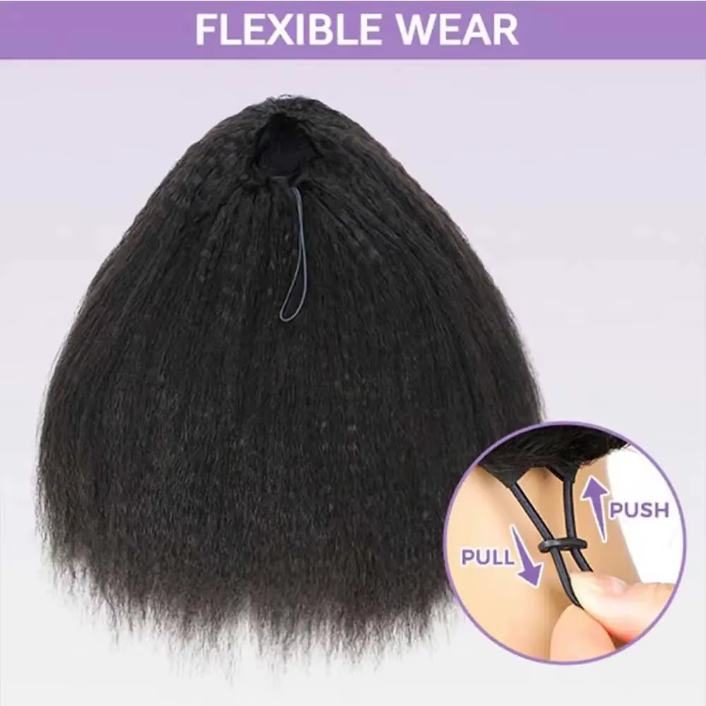 Perruque mi-tête noire 1B, cheveux humains raides crépus, avec sangle invisible, perruque brésilienn