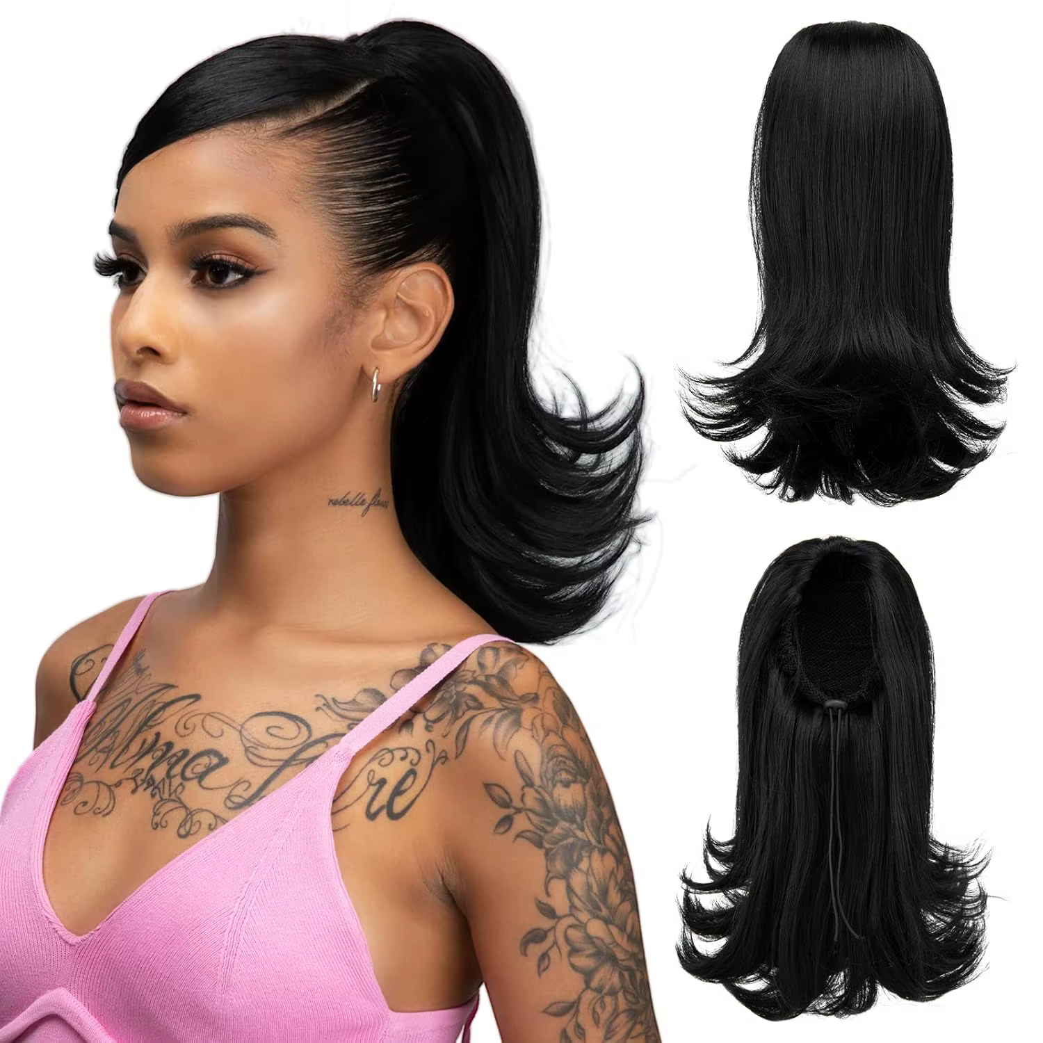 Extension de cheveux queue de cheval courte noire avec cordon pour femmes noires, queue de cheval dr