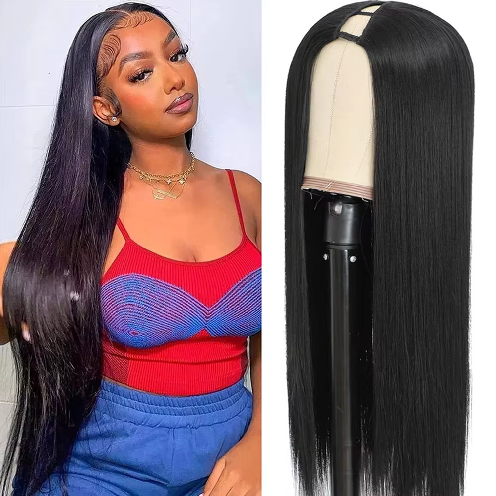 Perruques en cheveux humains lisses couleur naturelle sans colle en forme de V, cheveux Remy brésili